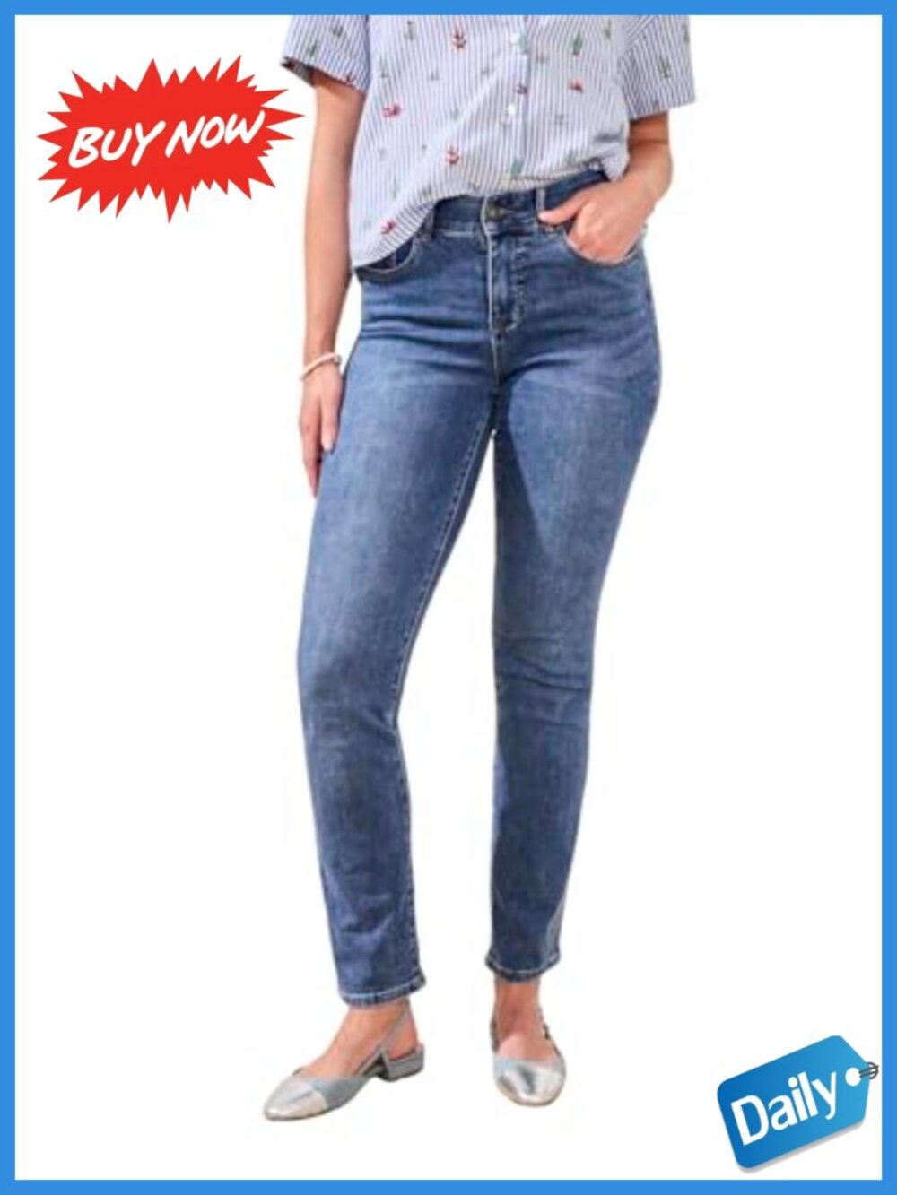 Curvy Straight Leg Mid Rise Stretch Jeans Tummy Tuck 32 Inseam